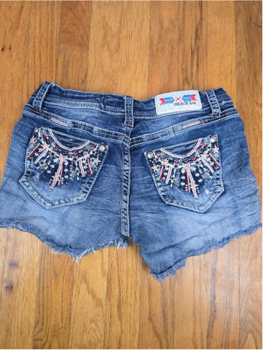 Women's Grace in LA Jean Shorts Size 27 Blue Red Embellished